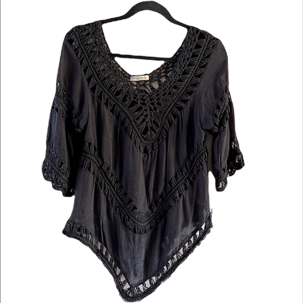 Vivid Importers Black Crochet Boho Peasant Blouse M L